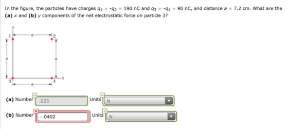 In the figure, the particles have charges q12 190 nC and q34-90 nC, and distance a 7.2 cm. What are the (a) x and (b) y components of the net electrostatic force on particle 3? Units N (a) Number .025 Units N (b) Number 0402
