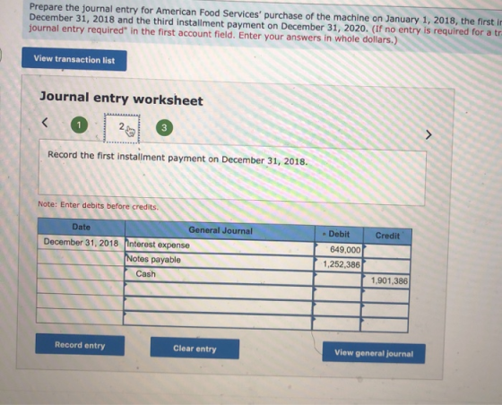 Prepare the journal entry for American Food Services purchase of the machine on January 1, 2018, the first it December 31, 2