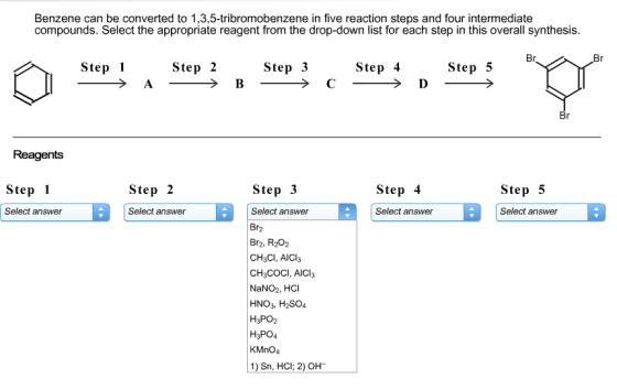 Benzene can be converted to 1,3,5-tribromobenzene