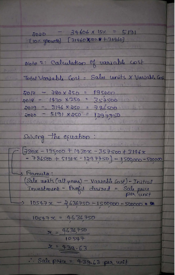 2020 Lloy 9 - th] 34606 x 15. = 5191 [ 31460X16). +314607 Note 2: Calculation of variable cost Total Variable Cost - Sales un