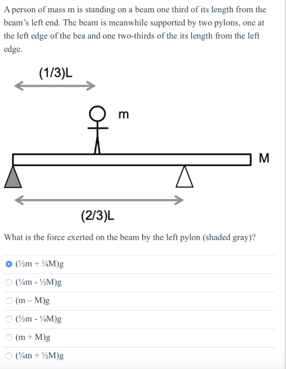 A person of mass m is standing on a beam one third of its length from the beams left end. The beam is meanwhile supported by