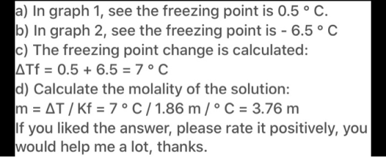 a) In graph 1, see the freezing point is 0.5 °C. b) In graph 2, see the freezing point is - 6.5 °C c) The freezing point chan