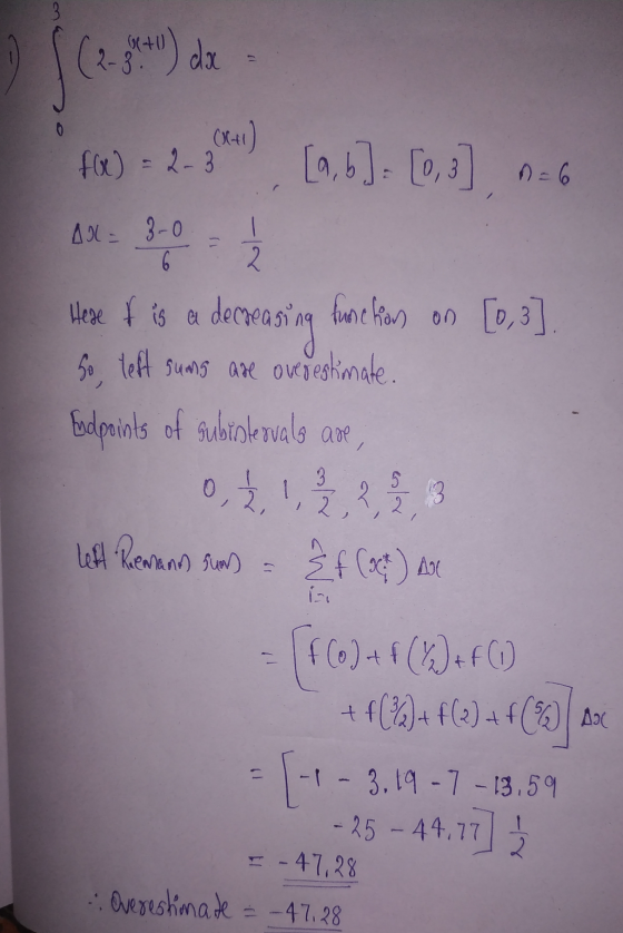 Jeg ore to da (641) f(x) = 2-3 [a,b]= [0,3] 0=6 - AN - 3-0 6 2 3 3. 2 left Remans suns = Here & is a decreasing function on [