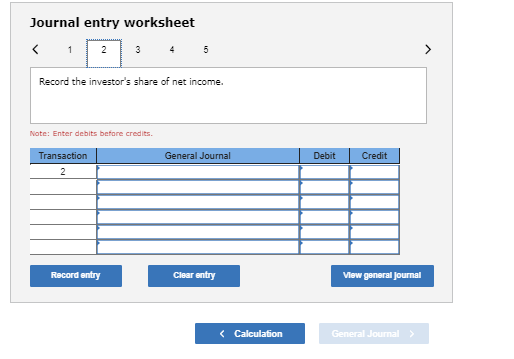 Journal entry worksheet Record the investors share of net income. Note: Enter debits before credits Transaction General Jour