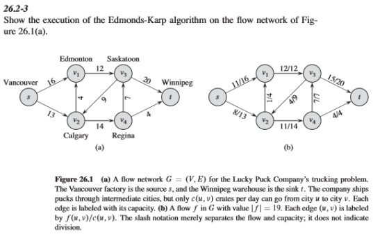 26.2-3 Show the execution of the Edmonds-Karp algorithm on the flow network of Fig- ure 26.1(a). Edmonton Saskatoon 12/12 go Winnipeg Vancouver 14 Calgary Regina (b) (a) Figure 26.1 (a) A flow network G (V, E) for the Lucky Puck Companys trucking problem. The Vancouver factory is the source s, and the Winnipeg warehouse is the sinkt. The company ships pucks through intermediate cities, but only c(u, v) crates per day can go from city u to city v. Each edge is labeled with its capacity. (b) A flow f in G with value If 19. Each edge (u, v) is labeled by f(u,v)/c(u,v). The slash notation merely separates the flow and capacity; it does not indicate division.