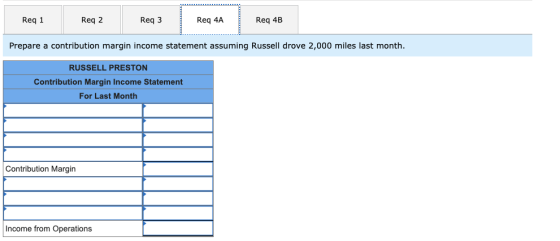 Req 1 Req 2 Req3 Req 4A Req 4B Regi Reg 2 Rep 3 Rog Gia Rea as Prepare a contribution margin income statement assuming Russel
