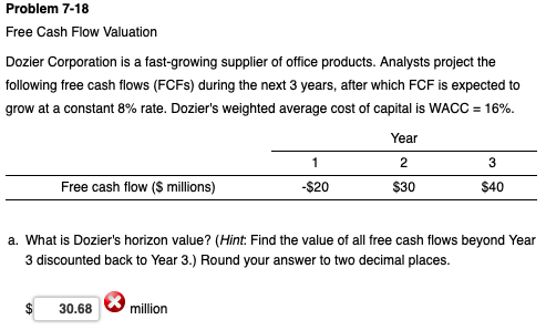 Problem 7-18 Free Cash Flow Valuation Dozier Corporation is a fast-growing supplier of office products. Analysts project the