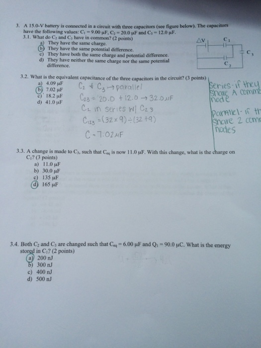 Image for 13. A change is made to C3, such that Ceq is now 11.0 muF. With this change, what is the charge on C1? (3 poin?