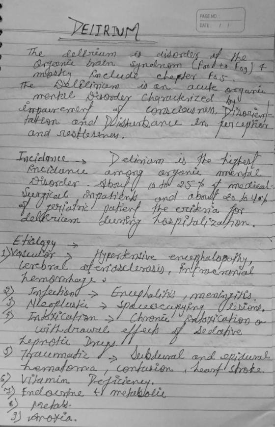 DELIRIUM PAGE NO. DATE The deliriamit disorder of the Orgonie brain Synalnom Cfood to Fog 14 mostly include chester The Fos D