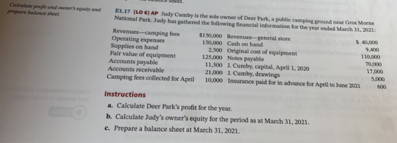 - sheet. prepare balance sheet E1.17 (LO6) AP Judy Cumby is the sole owner of Deer Park, a public camping ground near Gros Mo