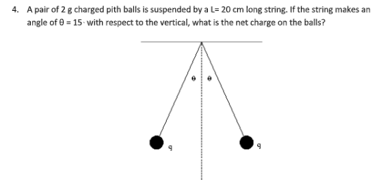 A pair of 2 g charged pith balls is suspended by a L= 20 cm long string. If the string makes an angle of θ-15, with respect t
