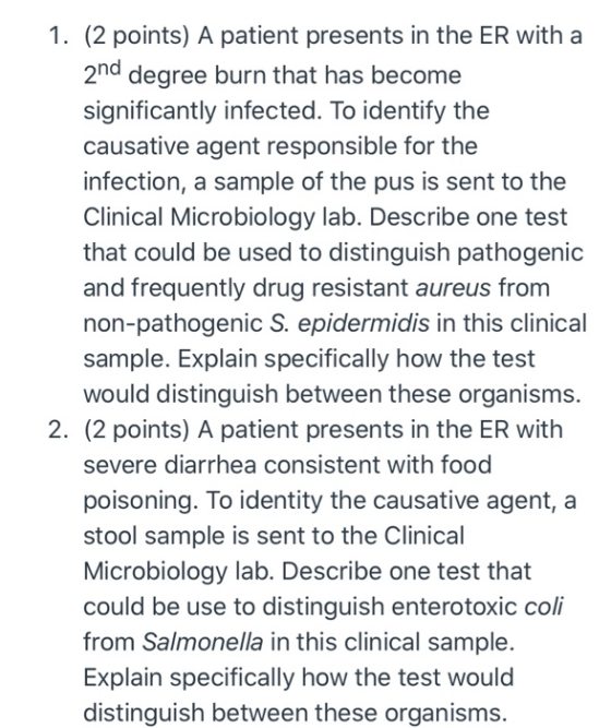 1. (2 points) A patient presents in the ER with a 2nd degree burn that has become significantly infected. To identify the cau