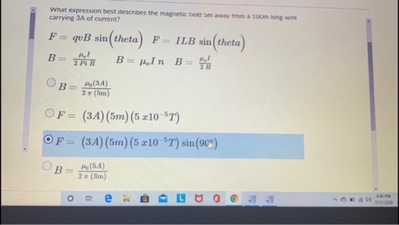 What expression best describes the magnetic field 5m away from a 100m long wire carrying 3A of current? quB sin(theta) F = IL