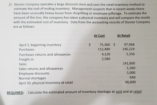 2) Stonier Company operates a large discount store and uses the retail inventory method to estimate the cost of ending invent