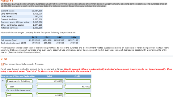 Problem 4-1 On January 1, 2011, Perelli Company purchased 90,000 of the 100,000 outstanding shares of common stock of Singer
