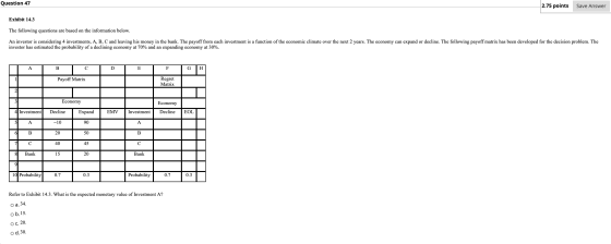 Question 47 2.75 points Save Answer Exhibit 14.3 The following questions are based on the information below. An investor is c