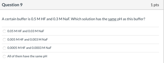 Question 9 1 pts A certain buffer is 0.5 M HF and 0.3 M NaF. Which solution has the same pH as this buffer? 0.05 M HF and 0.0