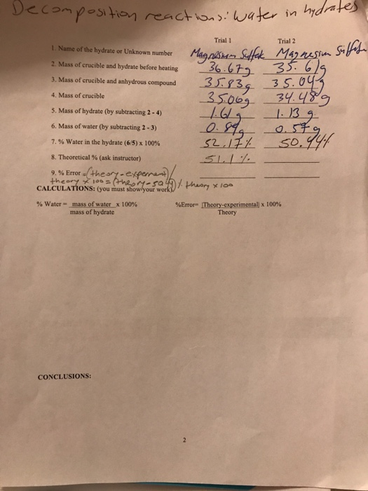 Decomposition reactions. water in tions. water in hydrates Triali Trial 2 1. Name of the hydrate or Unknown number 2. Mass of