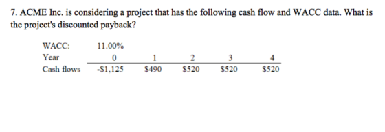 7. ACME Inc. is considering a project that has the following cash flow and WACC data. What is the projects discounted paybac