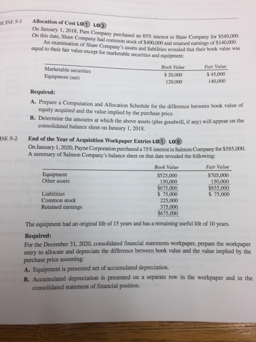 CISE 5-1 interest in Shaw Company for $540,000 Allocation of Cost LO 1 LO3 On January 1, 2018, Pam Company purchased an 85% i