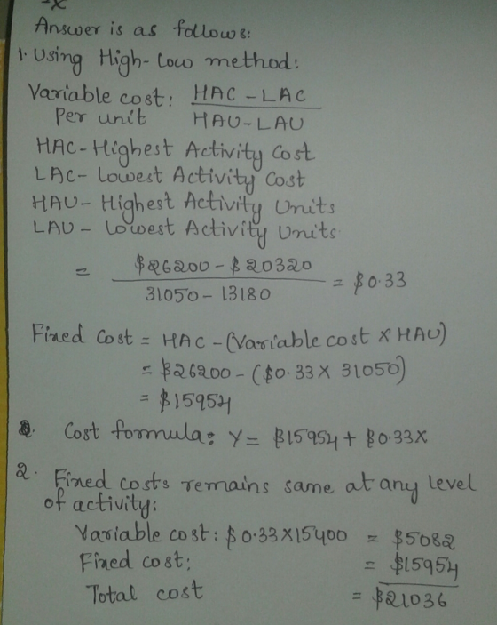 = $0-33 Answer is as follows: 1. Using High-Low method: Variable cost: HAC-LAC Per unit HAU-LAU HAC- Highest Activity cost LA
