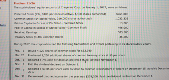 RCES Problem 11-2A The stockholders equity accounts of Cheyenne Corp. on January 1, 2017, were as follows. EU0 tudy Preferre