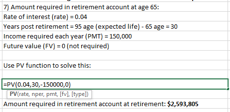 7) Amount required in retirement account at age 65: Rate of interest (rate) = 0.04 Years post retirement = 95 age (expected l