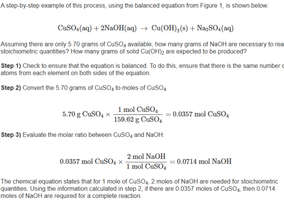 A step-by-step example of this process, using the balanced equation from Figure 1, is shown below: CuSO4(aq)2NaOH(aq) -> Cu(O