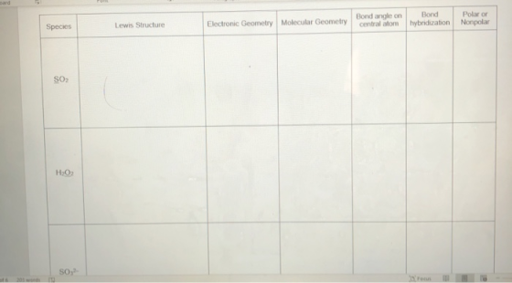 Dard Bond angle on central atom Bond hybridization Polar or Nonpolar Species Lewis Structure Electronic Geometry Molecular Ge