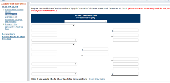 Prepare the stockholders equity section of Ayayal Corporations balance sheet as of December 31, 2020. (Enter account name o