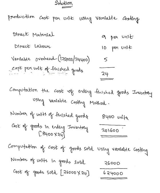 Solution production Cost per unit using variable Costing Direct Material per unit per unit Direct Labour Vastlabte overhead (
