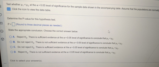 Test whether u,<2 at the a = 0.05 level of significance for the sample data shown in the accompanying table. Assume that the