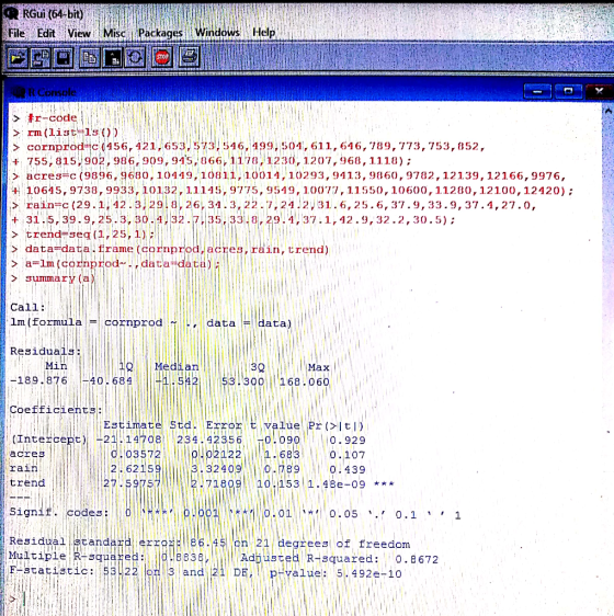 File Edt View Misci Packages, Windows Help R Console > rm(list ls) cornprod c (456, 421,653 73, 546, 499,50, 611, 646, 789,77