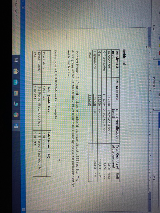 Paragraph Styles Residential Activity cost pools Receptionist Office supplies Gas Depreciation Total Estimated cost Cost driv