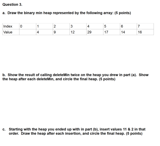 Question 3. a. Draw the binary min heap represented by the following array: (5 points) 1 2 4 6 7 Value 4 9 12 29 17 14 16 b. Show the result of calling deleteMin twice on the heap you drew in part (a). Show the heap after each deleteMin, and circle the final heap. (5 points) c. Starting with the heap you ended up with in part (b), insert values 11 & 2 in that order. Draw the heap after each insertion, and circle the final heap. (5 points)