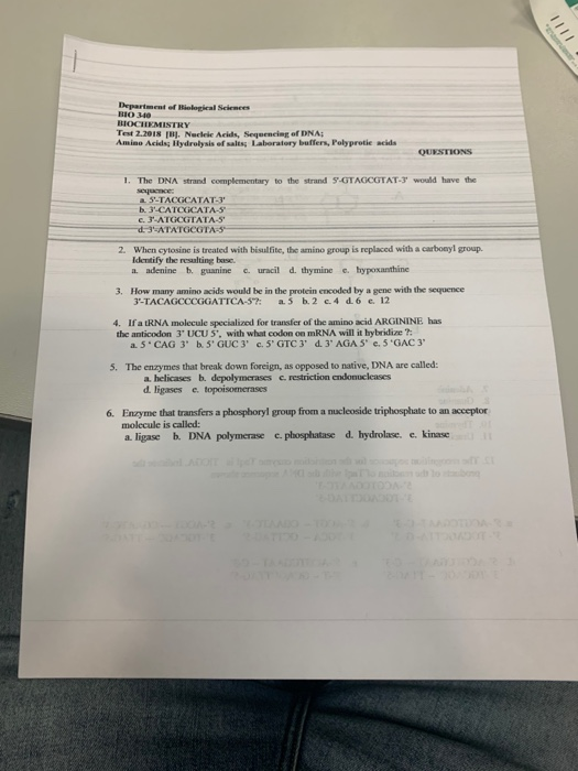 11 Department of Biological Sciences BIOCHEMISTRY Test 2.2018 H. Nucleic Acid, Sequencing of DNA: Amino Acids Hydrolysis of s