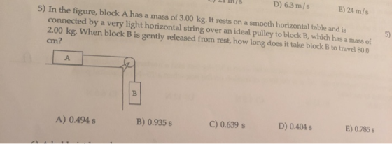 5) 5) In the figure, block A has a mass of 3.00 kg. It rests on a smooth horizontal table and is connected by a very light ho