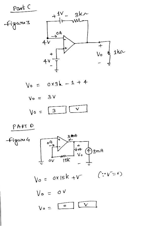 Past C +1V_ 3km figures XLVOR X x 1kn x, Vo: 0x3k-1+4 Vo = 3V Vo= 3 m PARTO figures SHA Kot 12mA Vo T & ov 15k - (::V=) Vo =
