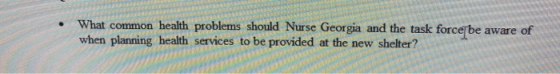 What common health problems should Nurse Georgia and the task force be aware of when planning health services to be provided