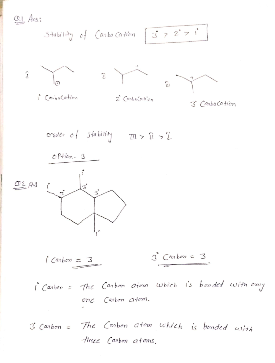 col Ars: Stability of Cambo Catien 3 > 2> i Carbocation 2 Canbocation 3 Carbocation order of Stability I > I >î option - B 02