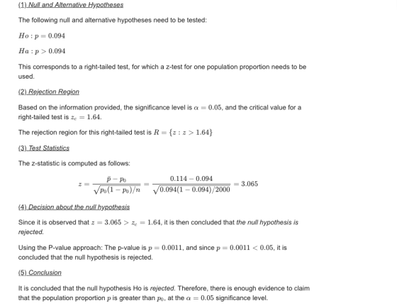 (1) Null and Alternative Hypotheses The following null and alternative hypotheses need to be tested: Ho:p 0.094 Ha: p>0.094 T