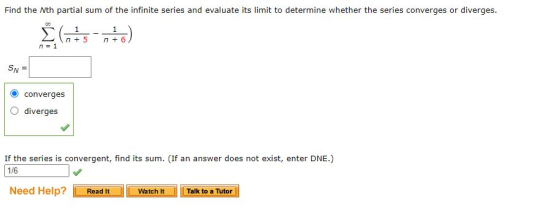 Find the Nth partial sum of the infinite series and evaluate its limit to determine whether the series converges or diverges.