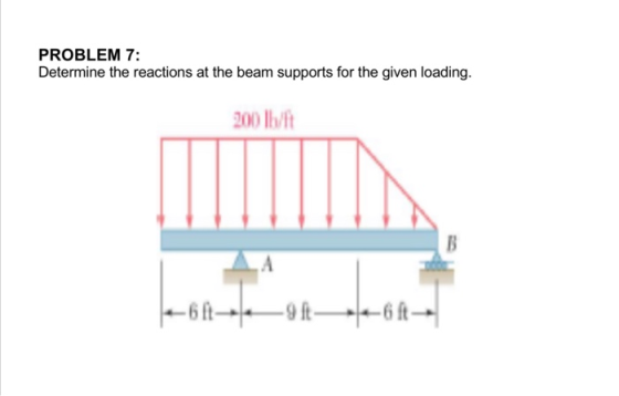 PROBLEM 7: Determine the reactions at the beam supports for the given loading. 200 lb/it |--6--1--6--
