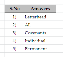 S.No 1) 2) 3) Answers Letterhead A11 Covenants Individual Permanent 5)
