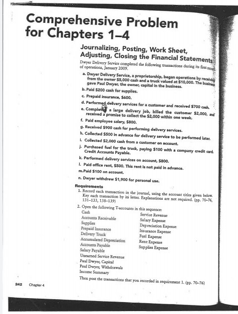 Comprehensive Problem for Chapters 1-4 Journalizing, Posting, Work Sheet, Adjusting, Closing the Financial Statements Dwyer D