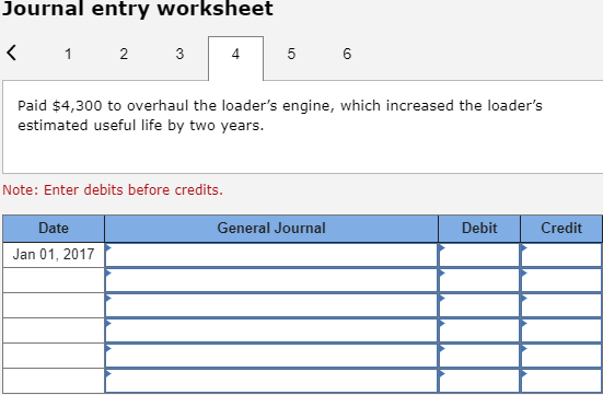 Journal entry worksheet < 1 2 3 4 5 6 Paid $4,300 to overhaul the loaders engine, which increased the loaders estimated use