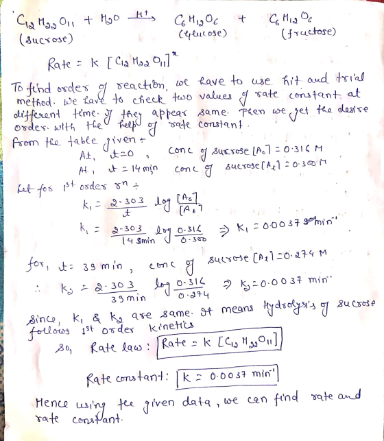 t ca f Ca Hooo,, + Hoo Ht CHIG OG GHID OG (sucrose) (Glucose) (fructose) Rate = k [ Cia Hoa 0,] * To find order reaction, we