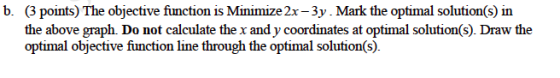b. (3 points) The objective function is Minimize 2x-3y. Mark the optimal solution(s) n the above graph. Do not calculate the x and y coordinates at optimal solution(s). Draw the optimal objective function line through the optimal solution(s)