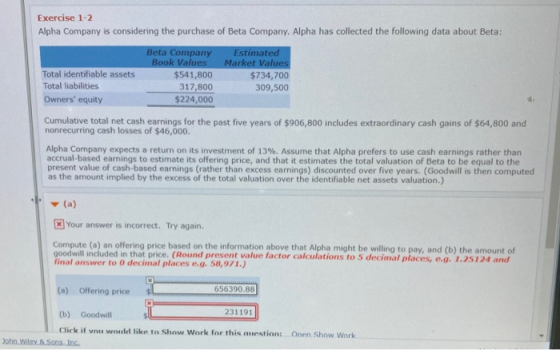 Exercise 1-2 Alpha Company is considering the purchase of Beta Company. Alpha has collected the following data about Beta: Be
