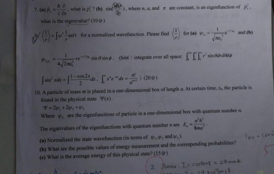 ), where n, a, and are constant, is an eigenfunction of p. 7. (a) p. =- what is p. ? (b) sin( i ax what is the eigenvalue? (1